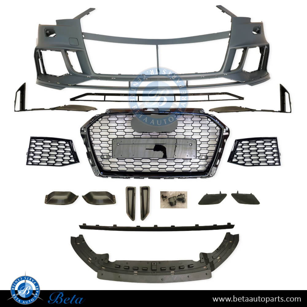 RS3 Look Front Bumper with Grille for Audi A3 2017-up models, Part Number 8V5807065T RS3 RS3 Look Front Bumper with Grille for Audi A3 2017-up models, Part Number 8V5807065T RS3
